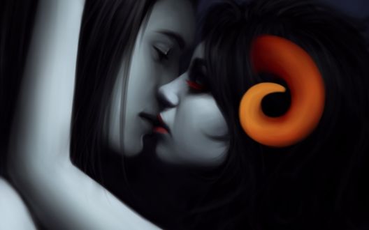 Обои на рабочий стол Aradia Megido / Арадия Мегидо целует Equiusa Zahhaka / Эквиуса Заххака персонажи из веб-комикса Хоумстак / Homestuck, by Mochifin