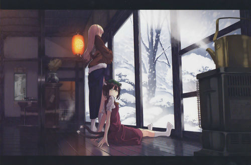 Обои на рабочий стол Yukari Yakumo / Юкари Якумо и Chen / Чен смотрят в окно на выпавший снег, из серии компьютерных игр Проект Восток / Тохо / Touhou Project, art by Garnet