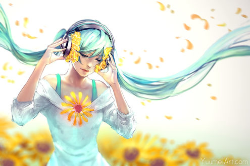 Обои на рабочий стол Vocaloid Hatsune Miku / Вокалоид Хатсунэ Мику в наушниках с подсолнухами, by Wenqing Yan