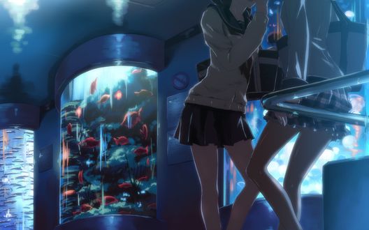 Обои на рабочий стол Две школьницы секретничают в океанариуме, art by Yuuki Tatsuya