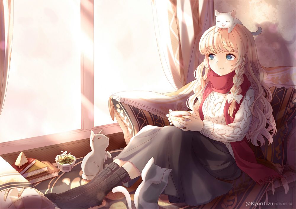 Обои для рабочего стола Kirisame Marisa / Мариса Кирисамэ из серии игр Тохо / Touhou Project в теплой одежде, с чашкой чая, сидит у окна с котятами, art by KyuriTizu