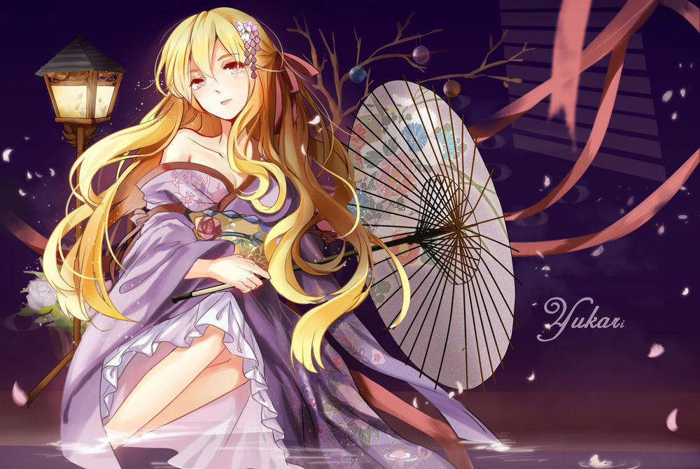 Обои для рабочего стола Юкари Якумо / Yukari Yakumo в кимоно с зонтом сидит в воде из игры Проект Восток / Touhou Project, art by Elise