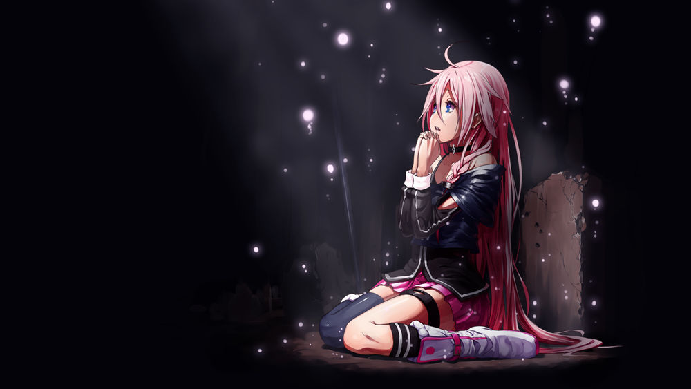 Обои для рабочего стола Vocaloid IA / Вокалоид Айа, сложив руки в молитве и смотря вверх, сидит в луче света у разрушенной каменной плиты, art by Omaru