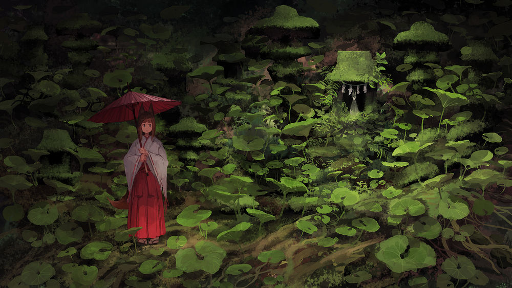 Обои для рабочего стола Девушка-лисичка в кимоно с зонтиком стоит среди лопухов у маленького святилища