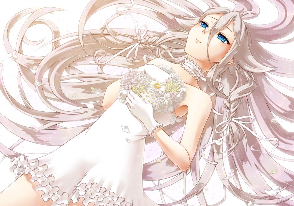 Обои для рабочего стола Vocaloid IA / Вокалоид Айя лежит в белом платье с букетом, art by Nonaka-nako