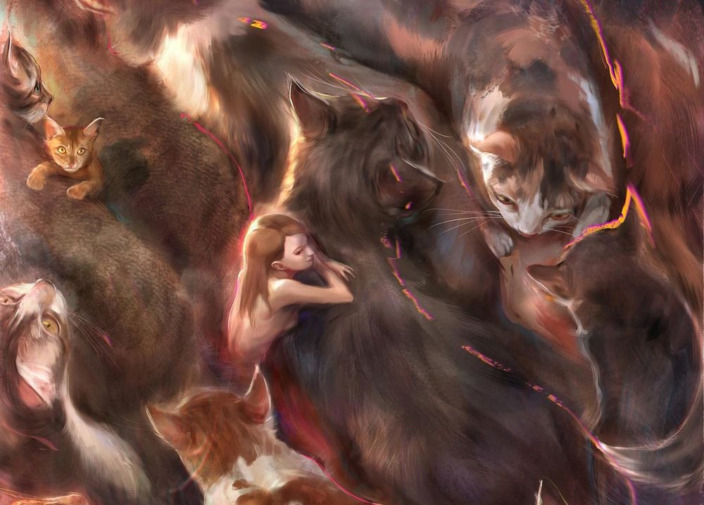 Обои для рабочего стола Девушка среди множества кошек, by ivangod