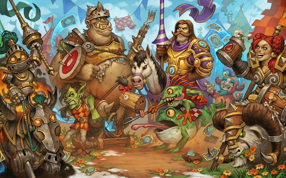 Обои для рабочего стола Постер к игре Hearthstone — Большой турнир, где есть орки, лошади, лягушки, люди и гномы