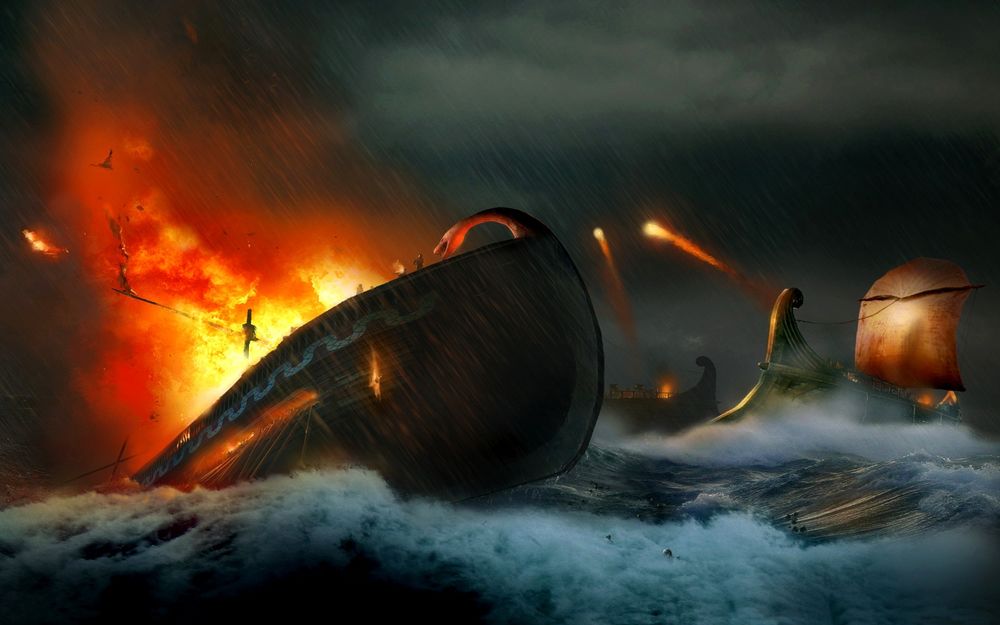 Обои для рабочего стола Морское сражение во время шторма, горящие корабли