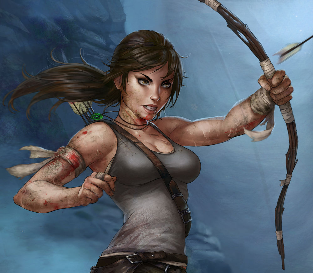 Обои для рабочего стола Лара Крофт / Lara Croft с луком в руке пускает стрелу, игра Tomb Raider / Расхитительница гробниц