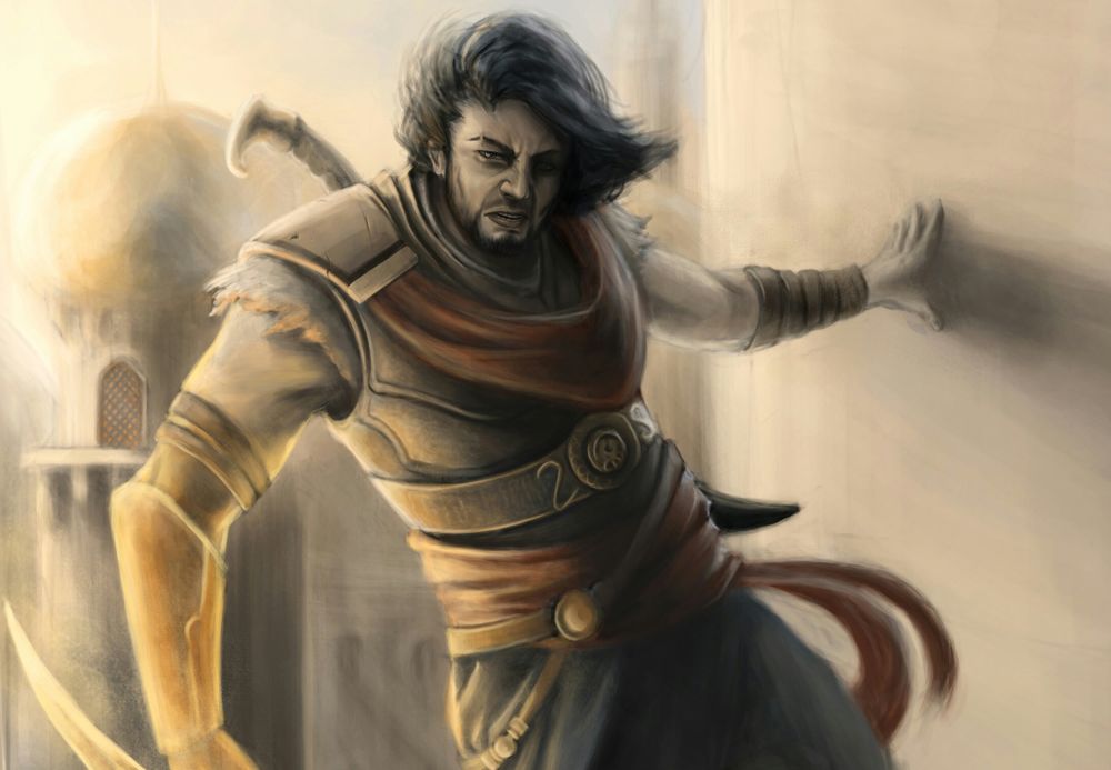 Обои для рабочего стола Арт к игре Prince Of Persia / Принц Персии, где Принц стоит у стены с кинжалом в руке