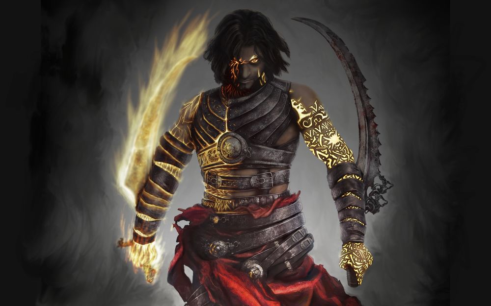 Обои для рабочего стола Арт к игре Prince Of Persia / Принц Персии, где Принц стоит с двумя кинжалами