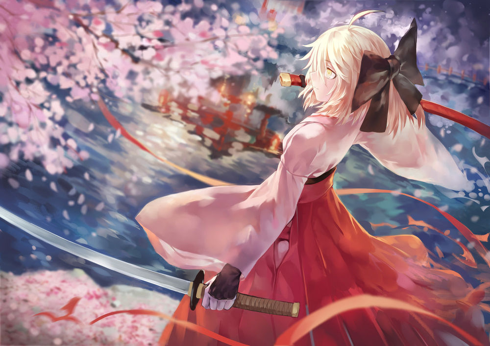 Обои для рабочего стола Sakura Saber / Сэйбер Сакура с катаной стоит среди цветущей сакуры у водоема, в котором отражается храм, из игры Fate / Grand Order, art by Avamone