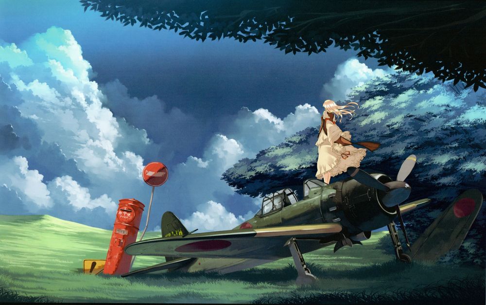 Обои для рабочего стола Yukari Yakumo / Юкари Якумо стоит на старом военном самолете и смотрит вдаль, из серии компьютерных игр Проект Восток / Тохо / Touhou Project, art by Garnet