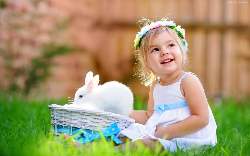 Обои для рабочего стола Девочка в веночке на волосах сидит на зеленой траве с корзинкой плетеной с синей ленточкой с бантиком, в которой сидит белый кролик