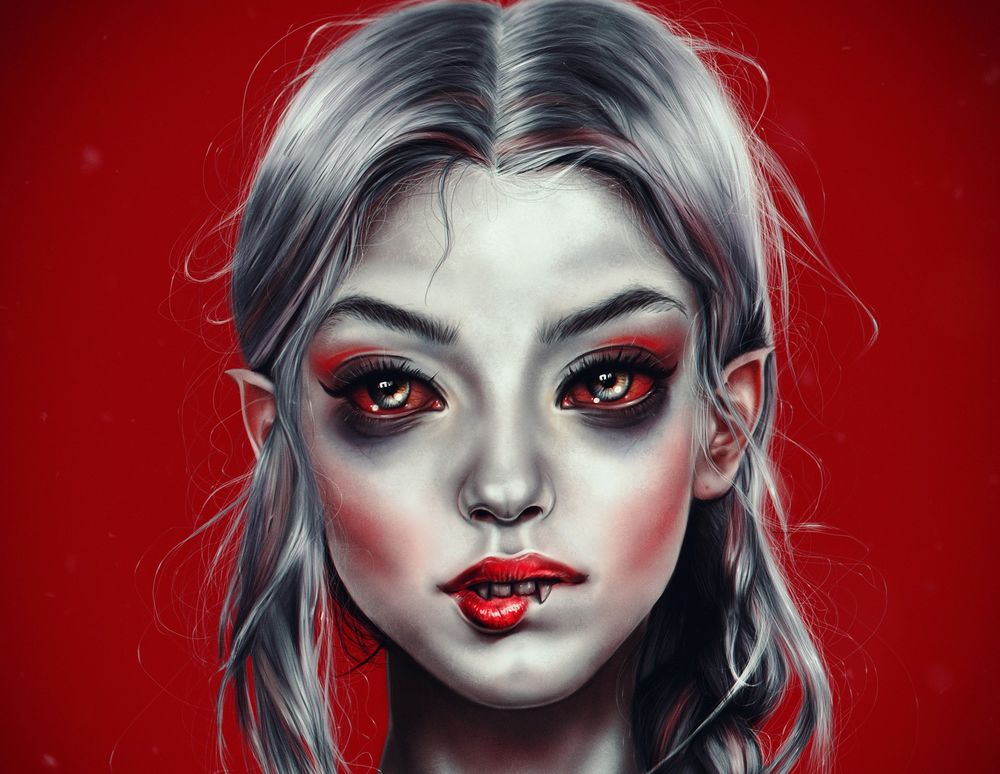 Обои для рабочего стола Портрет девушки-вампира с красными глазами