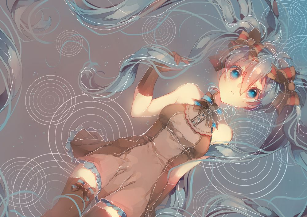 Обои для рабочего стола Вокалоид Хатсуне Мику / Vocaloid Hatsune Miku лежит на сером фоне с белыми кругами, art by Tears Namida