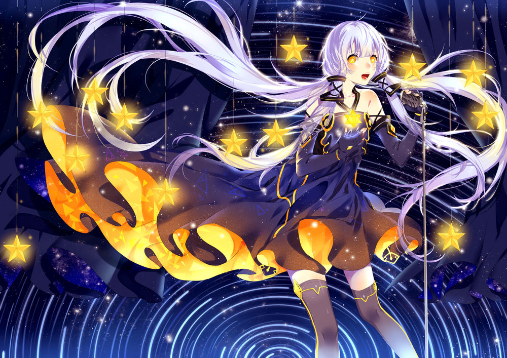 Обои для рабочего стола Vocaloid Xingchen / Вокалоид Ксингчен поет с микрофоном в окружении сияющих золотых звезд