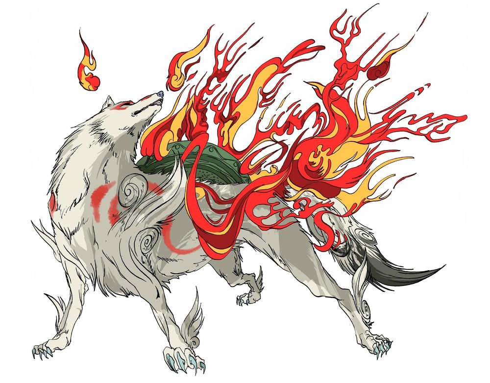 Обои для рабочего стола Божественный белый волк Amaterasu / Аматерасу на белом фоне из игры Okami