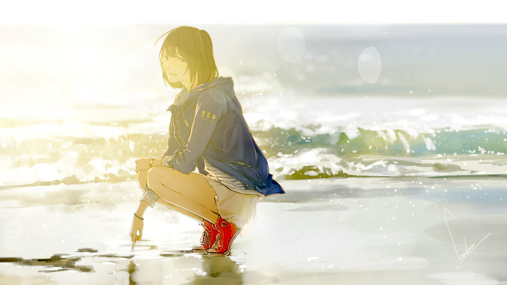 Обои для рабочего стола Девушка в лучах солнца на морском берегу, сидя на корточках, рисует пальцем на мокром песке и улыбаясь сквозь слезы смотрит на зрителя / GIRLS DONT CRY by loundraw