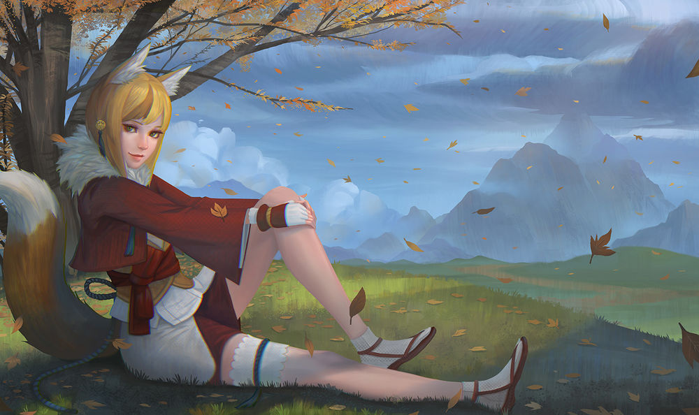 Обои для рабочего стола Девушка-лиса сидит на траве у дерева, осенью, на фоне неба и гор, by Yagaminoue