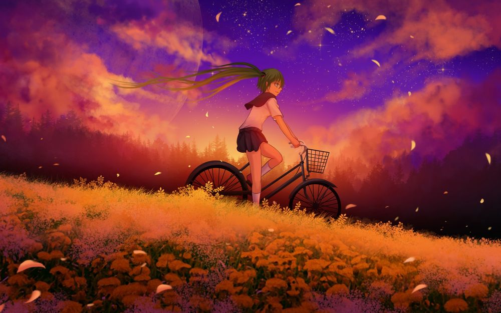 Обои для рабочего стола Vocaloid Hatsune Miku / Вокалоид Хацунэ Мику едет на велосипеде по полю с желтыми цветами, на фоне леса и звездного неба в тумане на заре