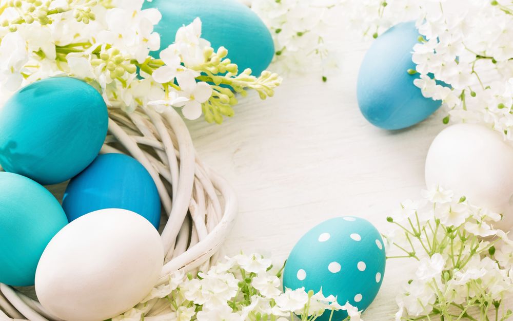 Обои для рабочего стола В плетеном гнездышке лежат голубые, синие и белые яйца, вокруг еще несколько крашеных яиц и весенние белые цветы