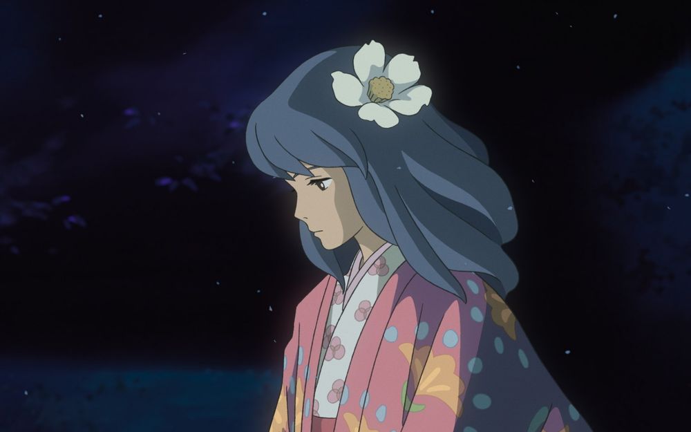 Обои для рабочего стола Наоко Сатоми / Naoko Satomi в кимоно с белым цветком на волосах, персонаж из аниме Ветер крепчает / Kaze Tachinu