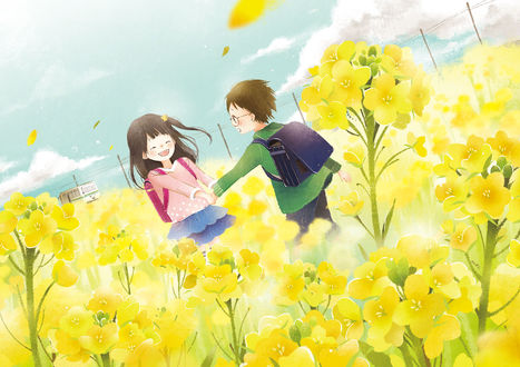 Обои на рабочий стол Мальчик и смеющаяся девочка среди желтых цветов