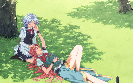 Обои на рабочий стол Sakuya Izayoi / Сакуя Изаеи и Meiling Hong отдыхают в тени дерева, из серии компьютерных игр Тохо / Touhou Project / Проект «Восток», art by Hakui-ami