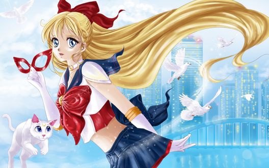Обои на рабочий стол Минако Айно / Minako Aino / Сейлор Венера / Sailor Venus и Артемис / Artemis из аниме Красавица-воин Сейлор Мун: Кристалл / Bishoujo Senshi Sailor Moon Crystal
