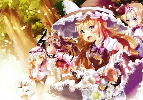 Обои на рабочий стол Reimu Hakurei / Рейму Хакурей и Marisa Kirisame / Мариса Кирисаме, Yakumo Yukari и Alice Margatroid собирают грибы в лесу, из серии компьютерных игр Touhou Project / «Проект «Восток»», art by Aro