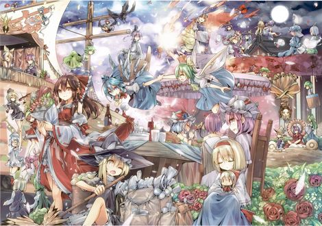 Обои на рабочий стол Reimu Hakurei / Рейму Хакурей и Marisa Kirisame / Мариса Кирисаме, Kisune, Cirno, Aya Shameimaru, Yakumo Yukari, Alice Margatroid и другие персонажи из серии компьютерных игр Touhou Project / «Проект «Восток» устроили шабаш-пикник при Луне, art by Teco