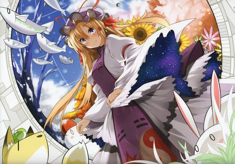 Обои на рабочий стол Юкари Якумо / Yukari Yakumo в окружении рыб, животных и цветов из игры Проект Восток / Touhou Project, art by Rondo