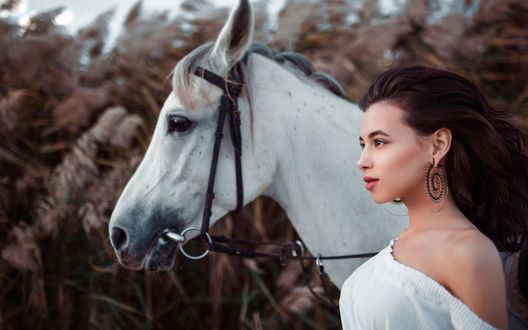 Обои на рабочий стол Алия Ландо / Aliya Landoв профиль, стоит рядом с белой лошадью, фотограф Иван Горохов