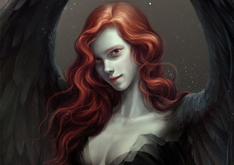 Обои на рабочий стол Рыжеволосая девушка - черный ангел, by Siwoo Kim