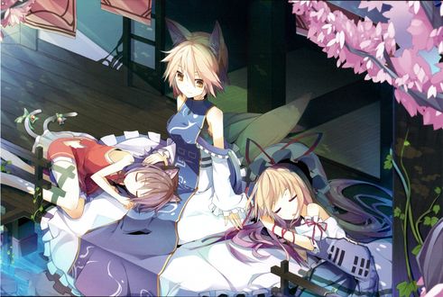Обои на рабочий стол Юкари Якумо / Yukari Yakumo, Ran Yakumo и Chen отдыхают на веранде, из игры Проект Восток / Touhou Project, art by Ichiyan
