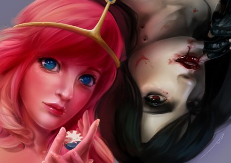 Обои на рабочий стол Princess Bubblegum / Принцесса Бубльгум и Марселин, Королева Вампиров / Marceline the Vampire Queen из мультсериала Adventure Time / Время Приключений, by ElleDrawsAndStuff