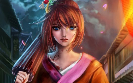 Обои на рабочий стол Кагура / Kagura держит в руке зонт, персонаж из аниме Гинтама / Gintama, by Rika Mello