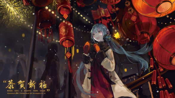 Обои на рабочий стол Vocaloid Xingchen / Вокалоид Ксингчен стоит зимней ночью среди красных фонарей, art by Bou Shaku