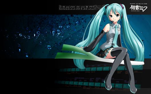 Обои на рабочий стол Вокалоид Хатсуне Мику / Vocaloid Hatsune Miku сидит на сельдерее на темном фоне