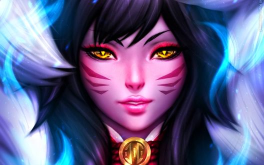 Обои на рабочий стол Девушка с желтыми глазами, Ари / Ahri из игры Лига Легенд / League of Legends