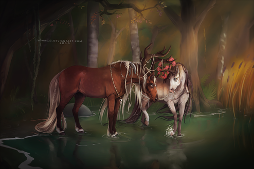 Обои на рабочий стол Влюбленные лошади стоят в воде, by Yewrezz