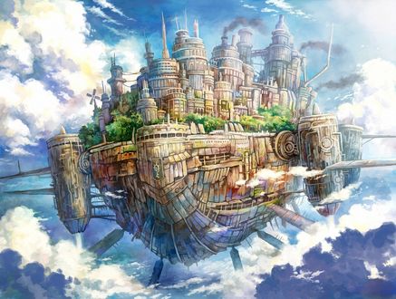 Обои на рабочий стол Город на воздушном корабле парит среди облаков, art by Kemi Neko