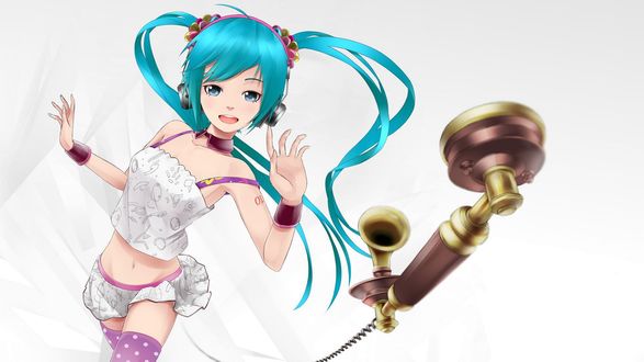 Обои на рабочий стол Вокалоид Хатсуне Мику / Vocaloid Hatsune Miku и телефонная трубка на белом фоне, art by Saiki