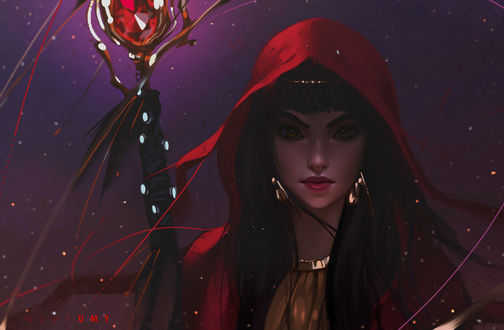 Обои на рабочий стол Девушка - колдунья с посохом, by NUMYUMY