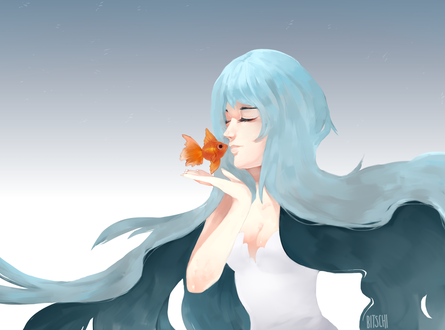 Обои на рабочий стол Девушка целует золотую рыбку, by Bitschi