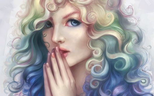 Обои на рабочий стол Девушка с разноцветными, кучерявыми волосами, by Marfyta