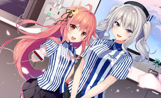 Обои на рабочий стол Kashima и Uzuki в полосатых блузках, из игры Kantai Collection / Флотская Коллекция