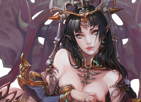 Обои на рабочий стол Симпатичная эльфийка с черепом в руке, by lily chen