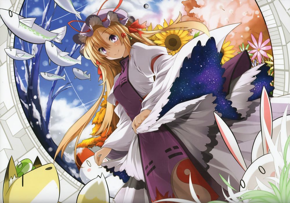 Обои для рабочего стола Юкари Якумо / Yukari Yakumo в окружении рыб, животных и цветов из игры Проект Восток / Touhou Project, art by Rondo